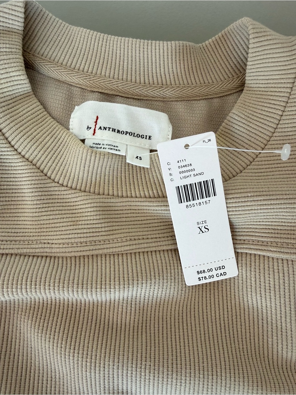 Anthropologie Tan Ribbed Tank with Blue-Striped Ruffle Trim - Picture 3 of 3